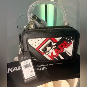 Karl Lagerfeld Black and White Belt Bag with Red Accents